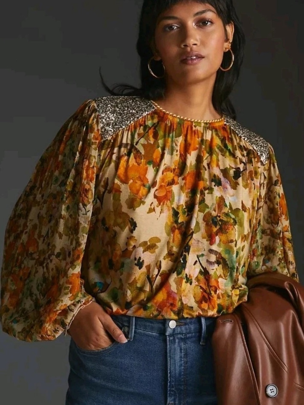 Floral Puff-Sleeve Blouse with Sequin Shoulder in Mustard Multi